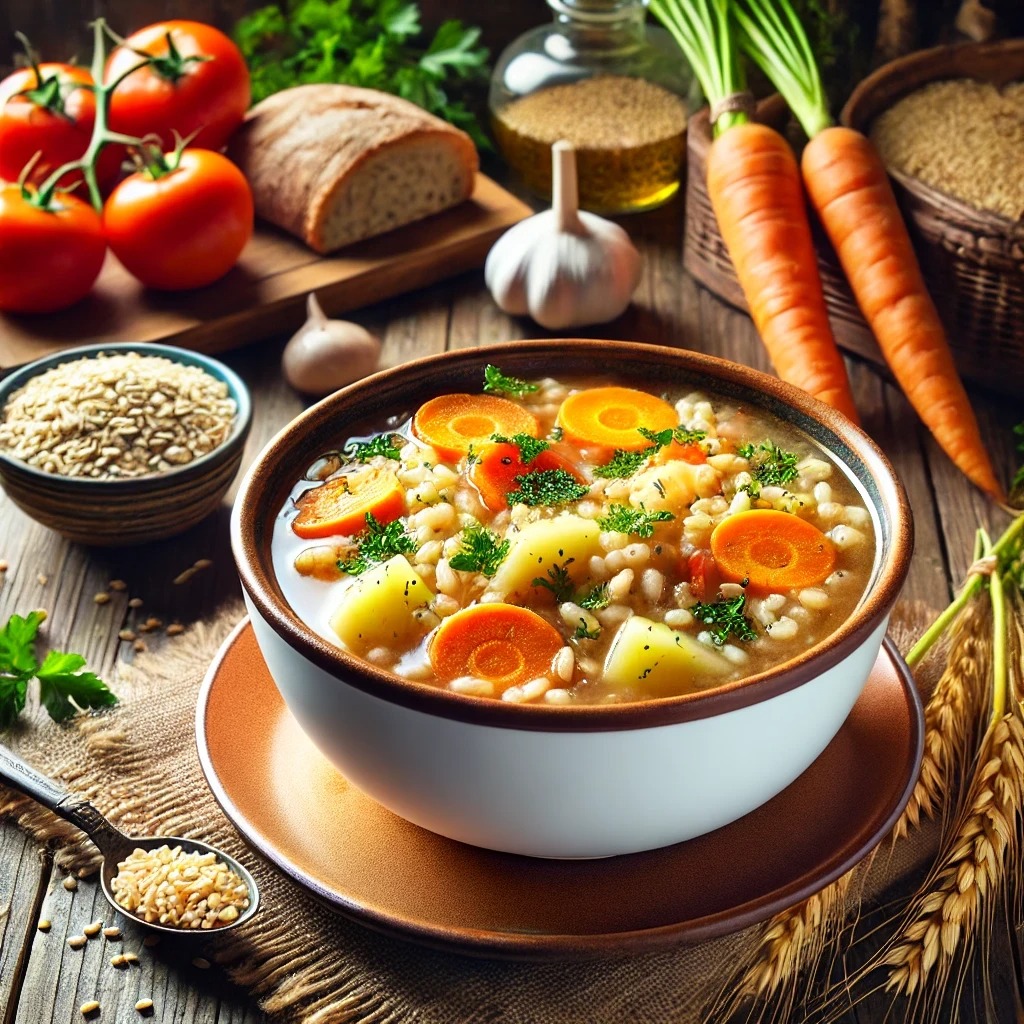 Soupe polonaise Krupnik – recette traditionnelle Recette soupe polonaise Krupnik avec orge perlé et légumes frais – plat traditionnel de la cuisine polonaise.