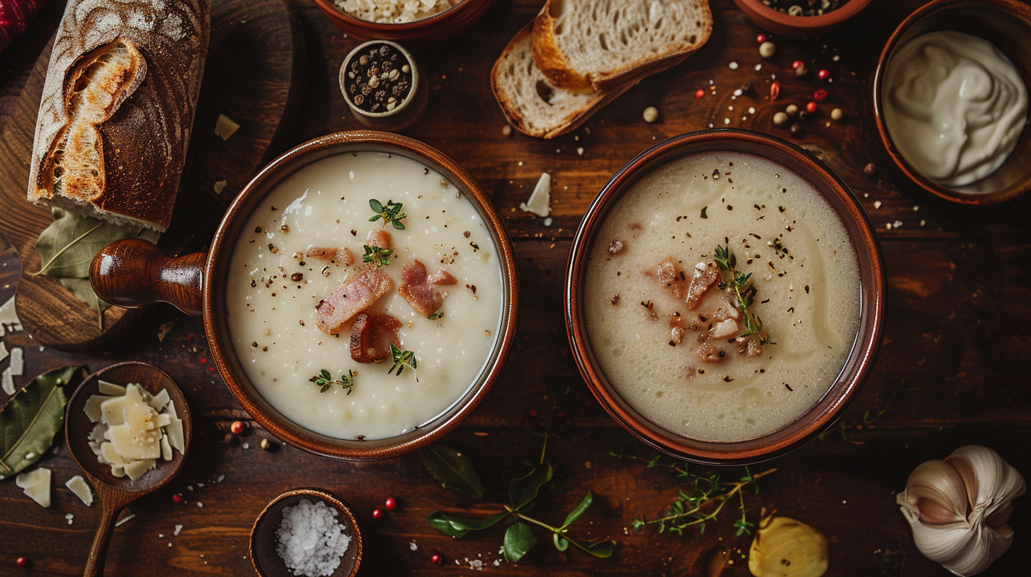 Comparaison visuelle: barszcz biały au levain de blé (gauche) et żurek au levain de seigle (droite) Barszcz biały et żurek côte à côte - deux soupes pascales polonaises servies avec lardons et herbes fraîches