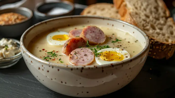 Barszcz biały: soupe polonaise crémeuse au levain de blé servie avec kiełbasa biała et œufs durs Authentique barszcz biały polonais avec saucisse blanche, œufs et herbes - soupe traditionnelle de Pâques