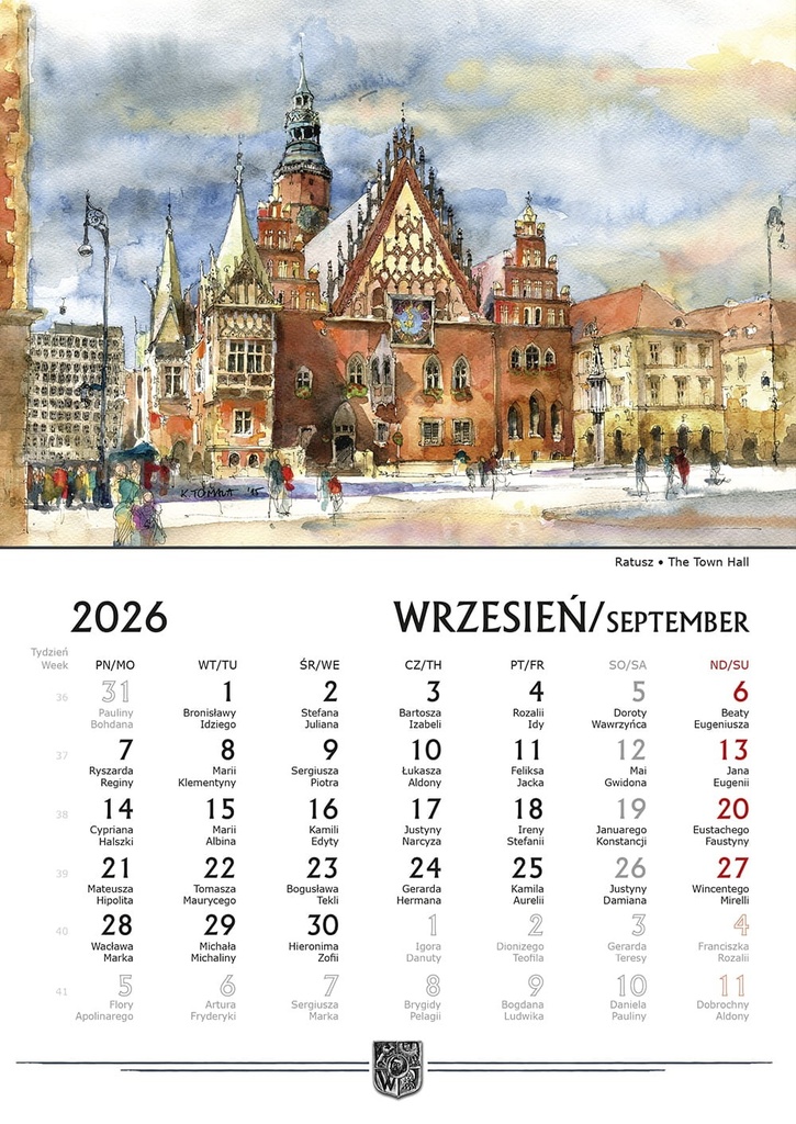 Kalendarz Ścienny 2026 Wrocław Akwarele Katarzyna Tomala B5