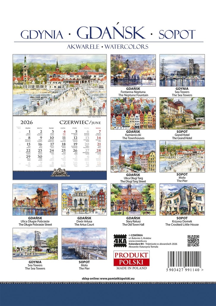 Kalendarz Ścienny 2026 Gdańsk Gdynia Sopot Akwarele Katarzyna Tomala B4