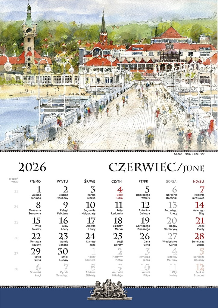 Kalendarz Ścienny 2026 Gdańsk Gdynia Sopot Akwarele Katarzyna Tomala B4