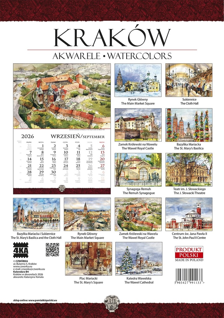 Kalendarz Ścienny 2026 Kraków Akwarele Katarzyna Tomala B4