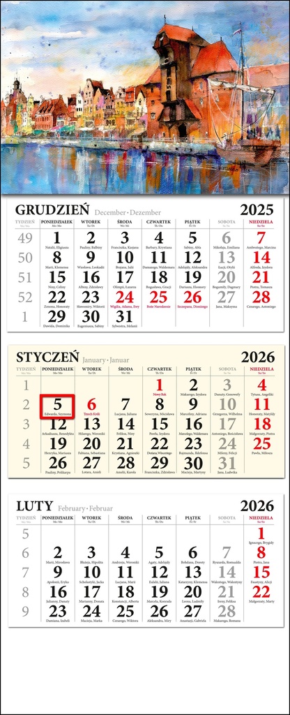 Calendrier Mural Triplé Gdańsk 01 2026 Aquarelle