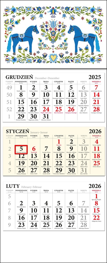 Calendrier Mural Triplé Kaszuby 01 2026