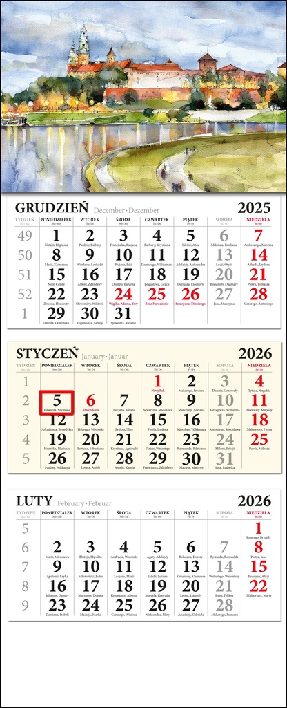 Calendrier Mural Triplé Cracovie 2026 Aquarelle 23