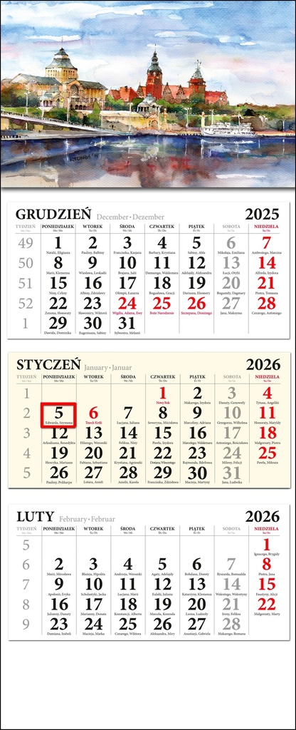 Calendrier Mural Triplé Szczecin 2026 Aquarelle 01