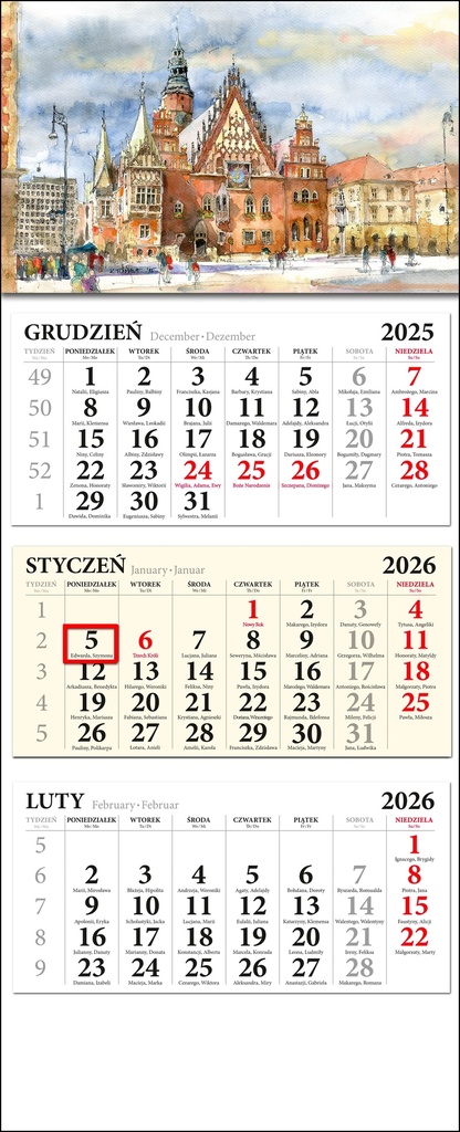 Calendrier Mural Triplé Wrocław 2026 Aquarelle