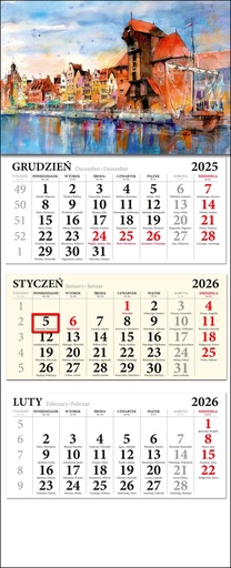 [r009-01-00346-] Kalendarz Ścienny Trójdzielny Gdańsk 01 2026 Akwarela