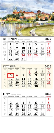 [r009-01-00348-] Calendrier Mural Triplé Cracovie 2026 Aquarelle 23