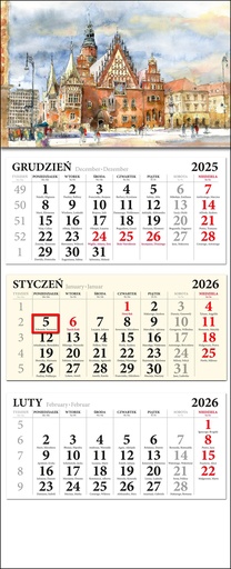 Kalendarz Ścienny Trójdzielny Wrocław 2026 Akwarela