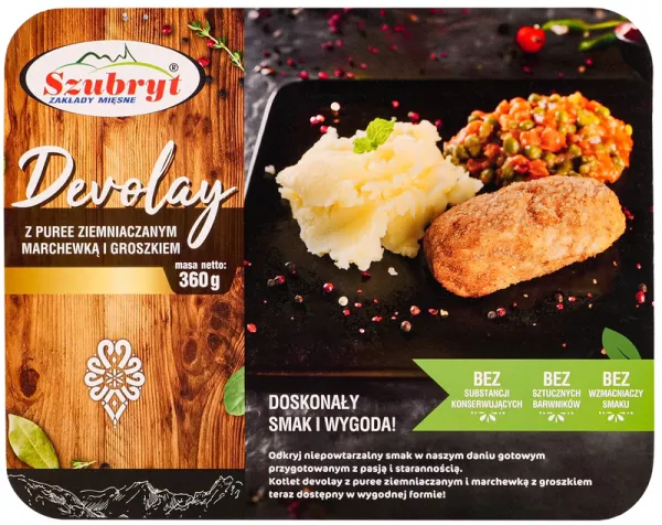 DANIE 360G DEVOLAY Z PURE ZIEMNIACZANYM, MARCHEWKA I GROSZKIEM SZUBRYT