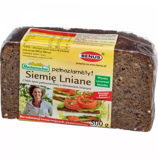 [r010-01-00408-r011-434] Chleb Mestemacher Żytni Pełnoziarnisty z Siemieniem Lnianym 500g Benus